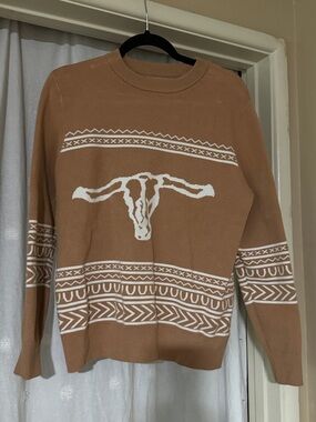 SHEIN Tan Crewneck Sweater with White Longhorn Motif